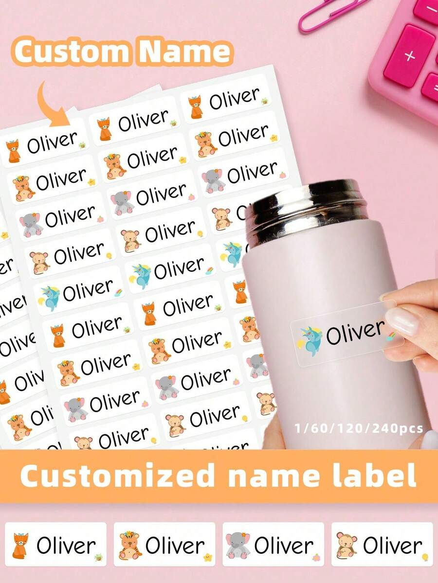 1/60/120/240pcs Customized Name Labels, Personalized Text Stickers, Cute Animal Pattern Waterproof Oil-Proof Transparent Labels, Perfect For Back To School, Lunch Boxes, Personal Items, Also Suitable For Tea Rooms, Home Gardens, Offices, Multi-Functional Decoration, Exquisite And Fashionable - Blue and White - View 1