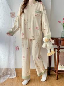 2pcs/Set Women's Pajamas Homewear Set, Round Neck Pullover Simple Casual Cute Rabbit Print Long Sleeve Long Pants, All Season Wear, Easy Care Fabric - Apricot - View 3