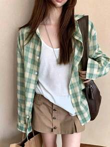 Korean Style Green Plaid Shirt Jacket Women Spring Loose Casual Relaxed Long Sleeve Sun Protection Thin Cardigan Top - Green - View 2