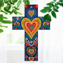1pc Patterned Wall Hanging Cross, Wooden Wall Art Decor, Home Decoration, Suitable For Living Room, Bedroom, Kitchen, Entryway Decor, Wall Decor Gift, Holiday Decoration, - Multicolor - View 1