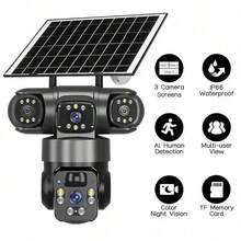 4K 8MP Wireless Solar-Powered Surveillance Camera, Triple-Lens Solar Monitoring, Ultra-High-Definition Color Night Vision, Two-Way Audio, 2.4G Wi-Fi Connectivity, Smart Home Surveillance Camera, Remote Mobile Application, IP66 Waterproof Rating. - Grey - View 8