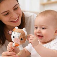 1PC Crochet Cow Wooden Teething Ring Rattle, Knit Farm Animal Baby Hand Sound Toy - Mocha Brown - View 8