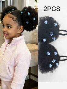 Synthetic 2pcs Luxury Kids Hair Buns Kids Afro Puff Soft Marley Kinky Bulk For Hair Girl With Elastic Children's Wig - Natural Black - View 10