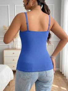 1 st enfärgad basic camisole i plus size, justerbara spaghettiband, inbyggd bröstvaddering, elastisk slim fit, lämplig för daglig lager-på-lager och avslappnad stil - Blå - Visa 2