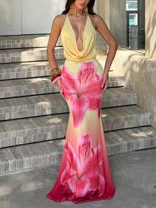 Gradient Lily Flower Print Halter Maxi Dress, Deep V Draped Mesh Bodycon Mermaid Dress Elegant Summer - Multicolor - View 7