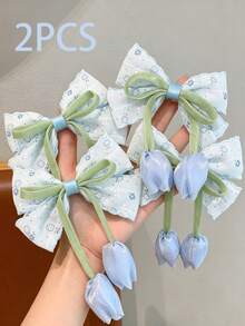 2件組鬱金香尾巴與花卉圖案布藝蝴蝶結髮夾，粉色鄉村風髮飾，春夏花朵髮夾，兒童日常生活髮飾 - 彩色 - 查看 3