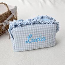 Personalized Gingham Cosmetic Bag, Ruffle Trim Makeup Pouch, Custom Name Toiletry Organizer, Small Travel Storage Bag, Coin Purse, Cute Gift - Multicolor - View 14
