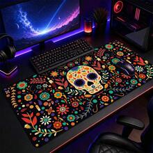 Alfombrilla de escritorio grande con diseño de calavera de azúcar y flores del Día de Muertos mexicano, estampado colorido de flores folclóricas y velas sobre fondo negro, alfombrilla de ratón de goma antideslizante, impermeable, almohadilla larga para teclado, adecuada para tocador de maquillaje y decoración de escritorio de oficina - Ver 4
