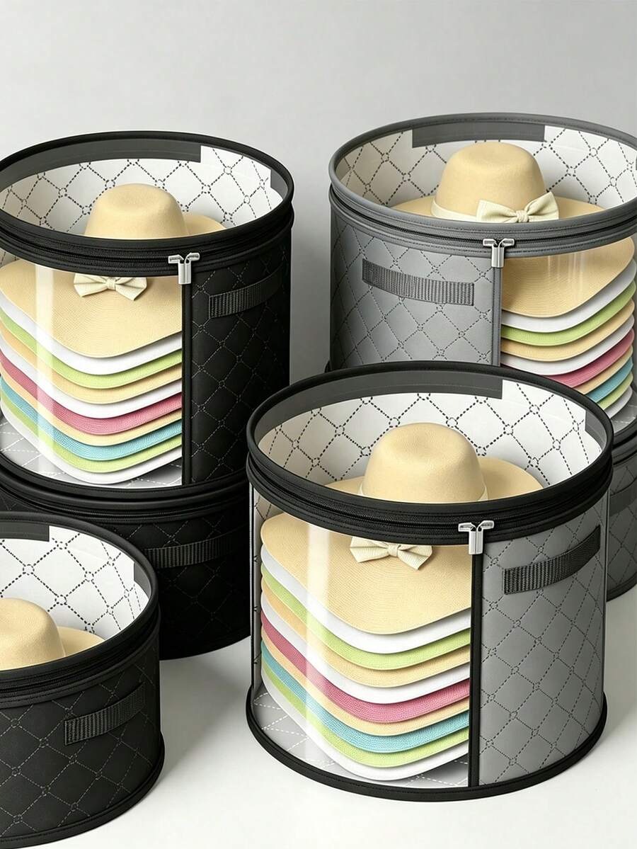 1 pièce Seau de rangement pour chapeau rond, sac de rangement pour chapeau transparent pliable avec fermeture éclair anti-poussière, portable unisexe, convient aux chapeaux à larges bords et aux chapeaux de cowboy, boîte de rangement pour chapeau, porte-chapeau, rangement de placard, boîte de rangement pour chapeau - Multicolore - Voir 1