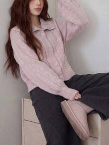 Women's Autumn/Winter Casual Minimalist Cable Knit Cardigan Jacket, Stand Collar/Lapel Design - Mauve Purple - View 4