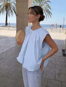 HoloChill Women's Young Influencer Casual Style Solid Color Pleated Sleeveless Top 2026 New Summer Casual Round Neck Loose Tank Top, Women's Spring Clothing, Women's Holiday Party Top, Women's Beach Outfit, Women's Going Out Top, Women's Elegant Top, Summer Vacation Outfit, Fall Top, Back To School - Baby Blue - View 2