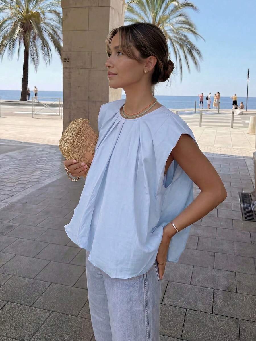 HoloChill Women's Young Influencer Casual Style Solid Color Pleated Sleeveless Top 2026 New Summer Casual Round Neck Loose Tank Top, Women's Spring Clothing, Women's Holiday Party Top, Women's Beach Outfit, Women's Going Out Top, Women's Elegant Top, Summer Vacation Outfit, Fall Top, Back To School