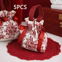 5/10pcs Red Elegant Canvas Drawstring Bags, Handheld Bow Fabric Storage Bags, Jewelry & Accessories Organizer, Wedding Candy Gift Bags, Wide Webbing, Portable Storage Bags, Reusable, Birthday Gift Packaging Bags - One Size Fits All - View 11