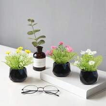 Black Rhombus Flower Pot Artificial Plant With Colorful Flowers, 3 Styles, Compact And Delicate, Maintenance-Free, Suitable For Decorating Kitchen, Office, Windowsill, Bedroom And More - Black - View 1