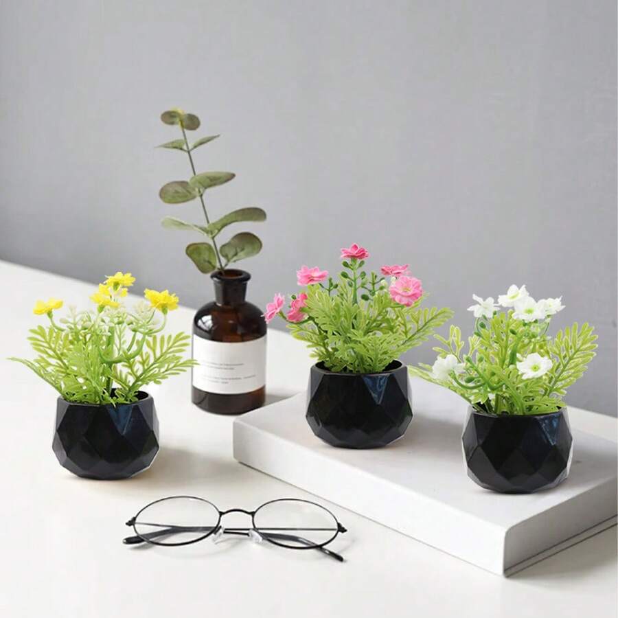 Black Rhombus Flower Pot Artificial Plant With Colorful Flowers, 3 Styles, Compact And Delicate, Maintenance-Free, Suitable For Decorating Kitchen, Office, Windowsill, Bedroom And More - Black - View 1