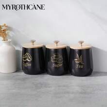 Myrothcane 3Pcs Black Ceramic Coffee Sugar Tea Canister Set, Airtight Bamboo Lid Storage Jars With Gold Letter Print, Kitchen Countertop Food Containers For Coffee Beans Tea Leaves Sugar Cubes, Modern Farmhouse Kitchen Decor Organizer - Black - View 4