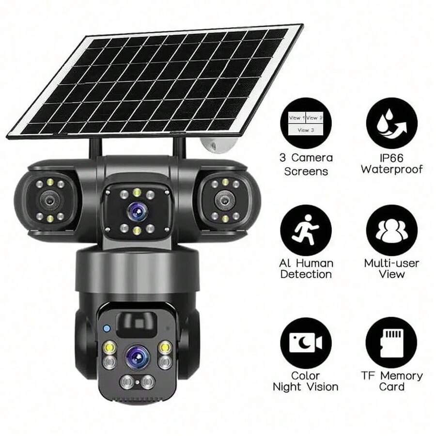 4K 8MP Wireless Solar-Powered Surveillance Camera, Triple-Lens Solar Monitoring, Ultra-High-Definition Color Night Vision, Two-Way Audio, 2.4G Wi-Fi Connectivity, Smart Home Surveillance Camera, Remote Mobile Application, IP66 Waterproof Rating. - Grey - View 1