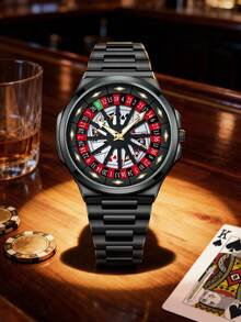 NSNEVER STOP NS New Style 1pc Men's Creative Roulette Poker Dial Quartz Watch, All Black Steel Band, Personalized Cool Men's Wristwatch, Quartz Non-Mechanical Pointer Watch, Holiday Gift, Birthday Gift, Gift For Lover, Gift For Father, Back To School, Valentine's Day - Red - View 3