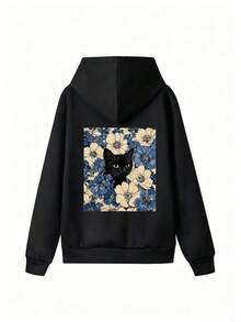 Women's Vintage Floral Black Cat Print Sweatshirt, Street Style Oversized Daily Sweatshirt Vacation - Black - View 3