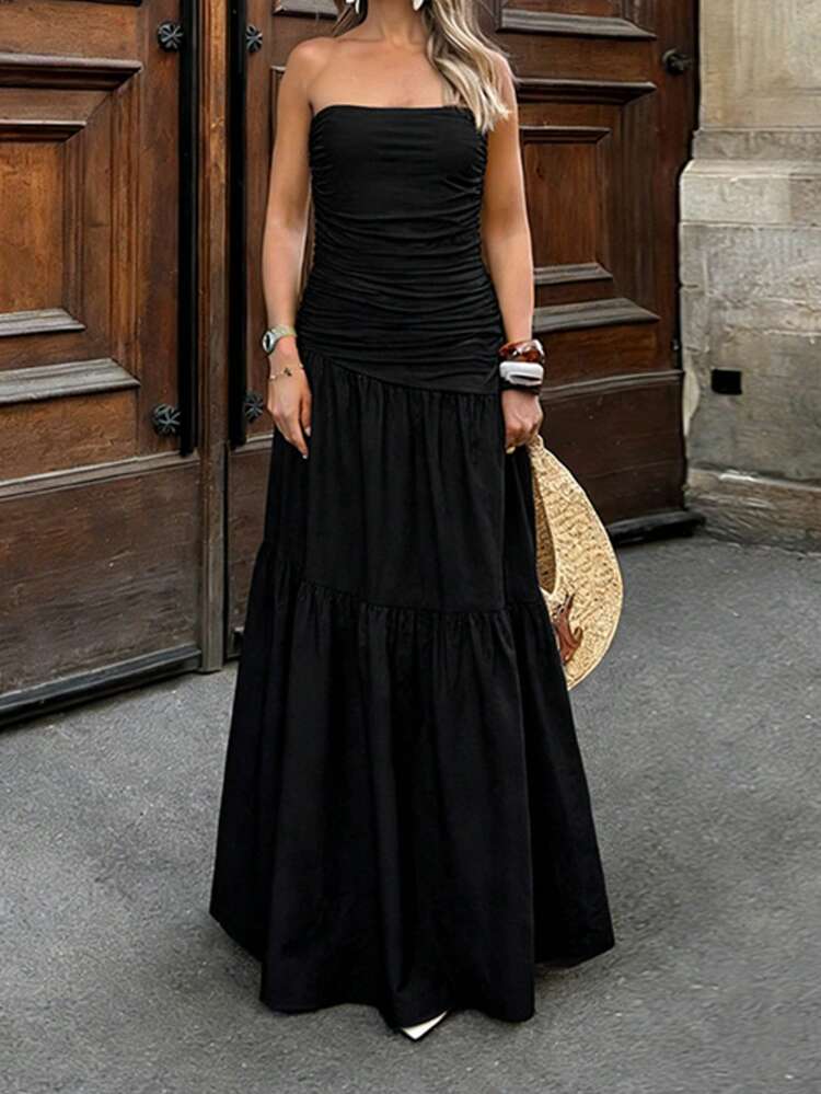 Elegant Women's Black Strapless Ruched A-Line Long Dress With Flared Hem, Suitable For Casual Or Party Wear - Black - View 4