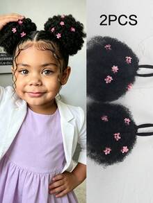 Synthetic 2pcs Luxury Kids Hair Buns Kids Afro Puff Soft Marley Kinky Bulk For Hair Girl With Elastic Children's Wig - Natural Black - View 13