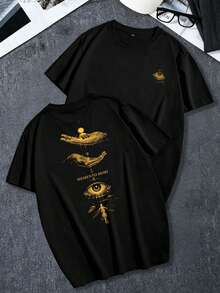 Men's Black Loose Short Sleeve T-Shirt With Gold MEMENTO MORI All-Seeing Eye Print On Back, Mysterious Casual Top - Black - View 5