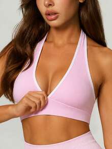 UONNOU 1pc Women's Shaping Halter Neck Bra, Sexy Deep V, Cold Shoulder, Backless, Beautiful Back Sports - Pink - View 1