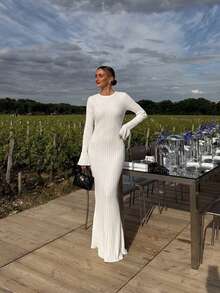 Elegant Commute Solid Color Fitted Knit Dress - White - View 7