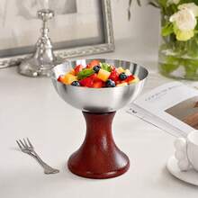 1pc 304 Stainless Steel Footed Ice Cream Cup With Wood Pedestal Base Multipurpose Dessert Bowl For Cafe Restaurant Home Use - Multicolor - View 8