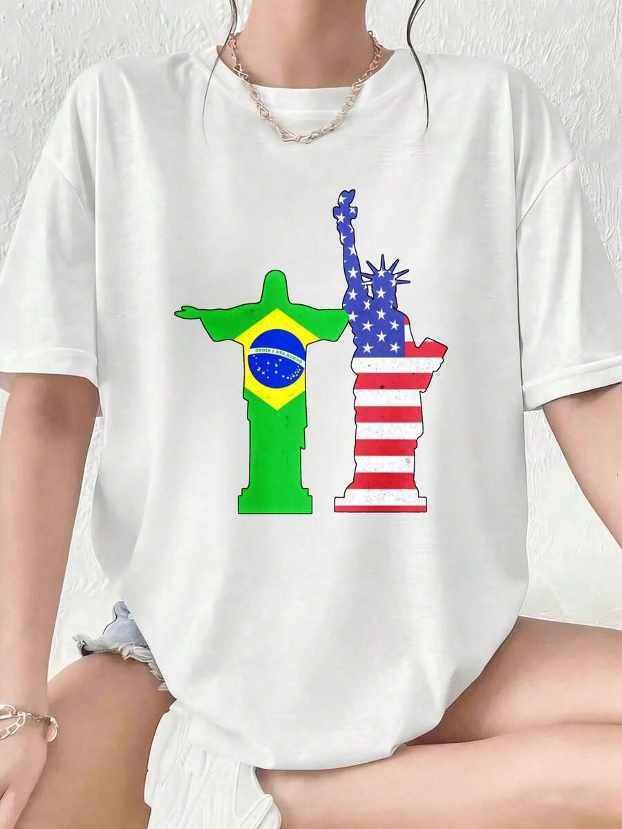 100% Cotton Women Christmas T-Shirt Half Brazilian Half American USA Brazil Culture Flag T-Shirt Print T-Shirt  Comfort Tee Top For Spring & Summer - 黃色 - 查看 1