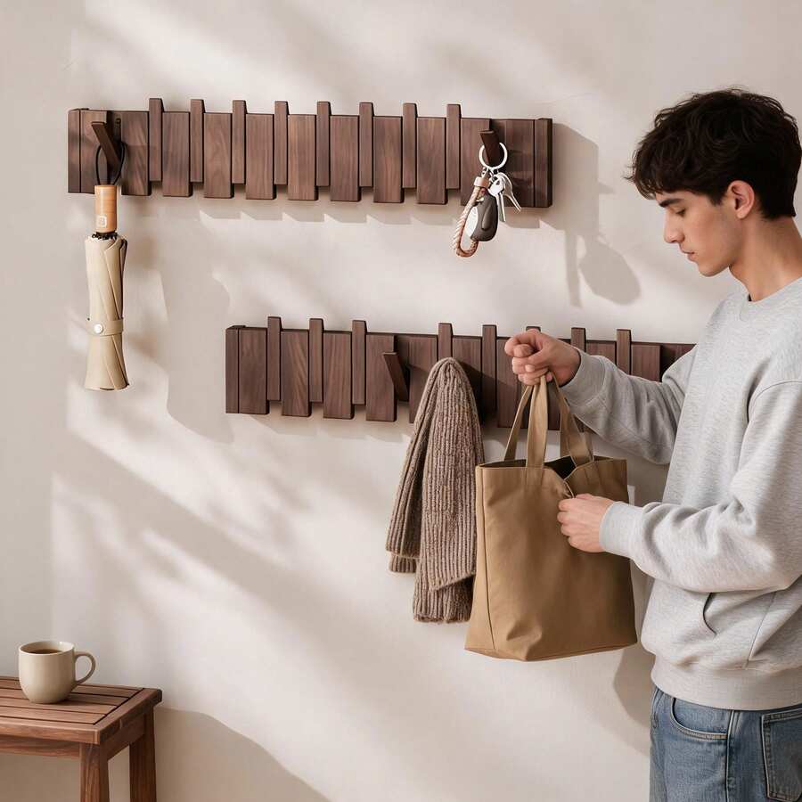 1pc Piano Key Shaped Wooden Wall Mounted Hook Rack, Optional 6/8/10/12 Hooks, Heavy Duty Clothing Hooks, Suitable For Towels, Hats, Clothes, Creative Practical Storage Hooks, Suitable For Home, Bedroom, Bathroom, Hotel, Office - Coffee Brown - View 1