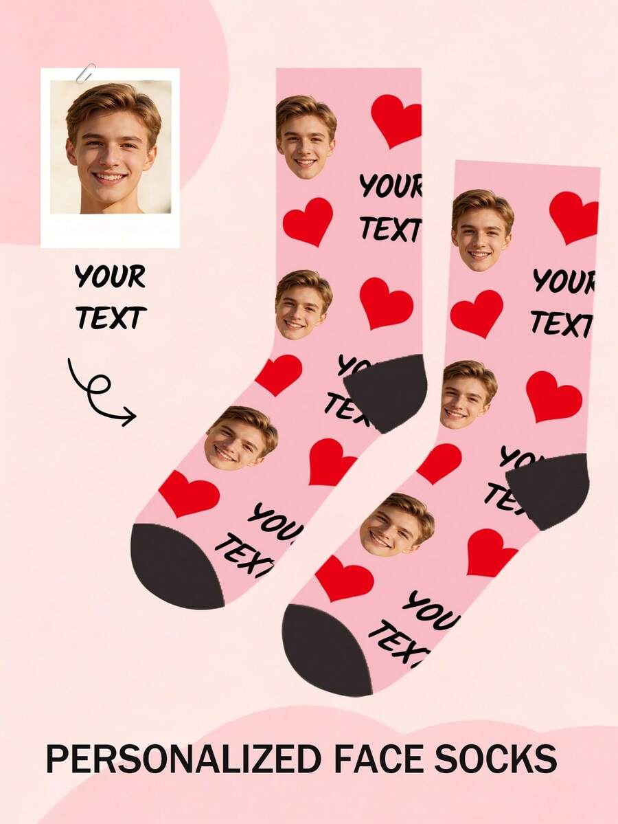 1 Pair Customized Mid-Calf Socks, Bow Tie Pattern, Customized Face Pattern Socks, Couple Socks, Customized Photo Socks, Customized Printed Socks, Personalized Funny Face Pattern Socks, Customized Image Socks, Can Print Any Face Shape On Socks, Anniversary Gift, Valentine's Day Gift, Birthday Gift, Wedding Gift, Mother's Day Gift, Father's Day Gift, Gift For Best Friend, Gift For Parents, Gift For Girlfriend/Boyfriend - Pink - View 1