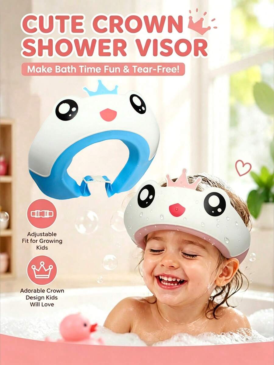 1pc Adjustable Cartoon Waterproof Bath Cap - Baby Bath & Hair Washing Cap, Portable Shower Cap, Water-Blocking Eye Protection Design, Cute Frog Shape - High-Quality Ear Protection, Multiple Colors Available (Blue, Pink) - Bathroom Essential Bath Cap, Practical Sanitary Accessory, Fun Design, Comfortable To Wear