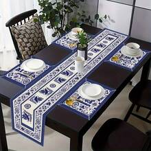 Juego de camino de mesa y manteles individuales con flores y pájaros del Día de Muertos mexicano, decoración para fiesta festiva, reutilizable, azul, patchwork de azulejos, para cocina y mesa de comedor, decoraciones del Día de Muertos - Multicolor - Ver 3