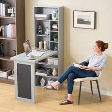 Fold-Out Convertible Writing Desk, Wall Mount Table Cabinet With Blackboard And Storage Shelves, Space-Saving Murphy Desk For Home Office Living Room Bedroom Grey - Antique Grey + Wood - View 3