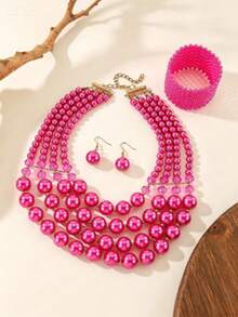 Exaggerated Multi-Layer Dandelion Handmade Beaded Faux Pearl Necklace, Bracelet And Earrings 3-Piece Set, Vintage Boho Style - Hot Pink - View 5