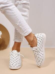 Mocasines planos de lunares para mujer, punta redonda con cordones, fáciles de poner, zapatos náuticos casuales versátiles para compras diarias en primavera/verano - Blanco - Ver 4