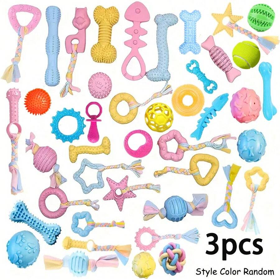 3pcs Random Style Small Dog & Puppy Chew Toys, Durable Rubber Toys For Teeth Development And Cleaning, Boredom Relief Self-Entertainment Pet Toy Set - Multicolor - View 1