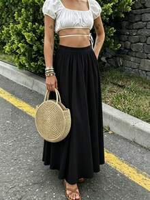 Women's Solid Color Casual Versatile Midi Skirt, Suitable For Daily Office Wear Black Summer - Black - View 1