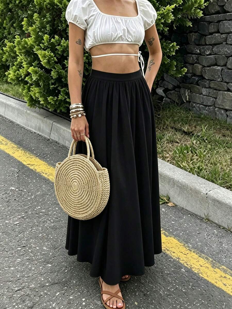 Women's Solid Color Casual Versatile Midi Skirt, Suitable For Daily Office Wear Black Summer - Black - View 1