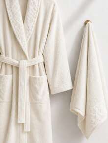 Diamond Pattern Jacquard Shawl Collar Bathrobe - S/M - L/XL - Made In Turkey - Champagne - View 2
