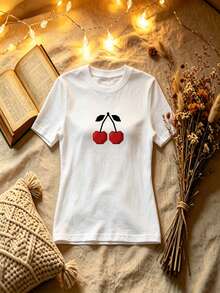 Cherry Graphic Print Cotton Tee - Aesthetic Fruit Illustration Top - Chic Casual Shirt For Summer Daily Styling & Effortless Chic Looks - White - View 1
