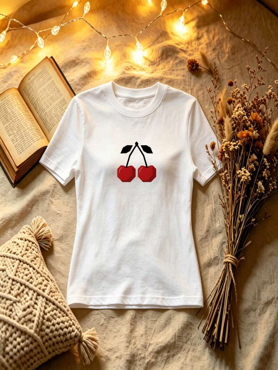 Cherry Graphic Print Cotton Tee - Aesthetic Fruit Illustration Top - Chic Casual Shirt For Summer Daily Styling & Effortless Chic Looks - White - View 1