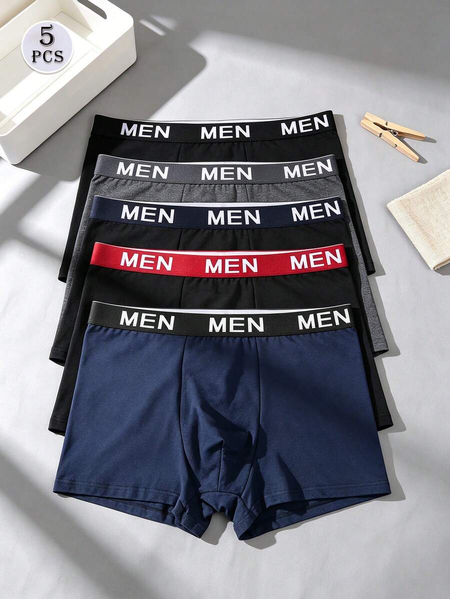 5pcs Men's Black Minimalist Fashion Daily Boxer Briefs With Elastic Letter Waistband - Black - View 1