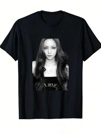 Pure Cotton T-Shirt With Image Of Japanese Pop Icon Namie Amuro And The Brand Logo, Black, Elastic, Loose Fit, For All Seasons, For Concerts And Casual Wear