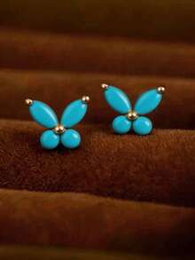 1 Pair S925 Sterling Silver Blue Turquoise Small Butterfly Stud Earrings, Niche Exquisite Daily Commute Mini Earrings - Blue Butterfly - View 2