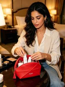 Shiseido Red Quilted Tassel Zipper Shell Makeup Bag, Large Capacity Waterproof Storage Pouch, Travel Commute Portable Touch-Up & Toiletry Bag, New Year Birthday Valentine's Day Festive Gift For Best Friend - Red - View 2