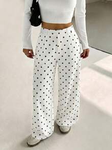 Damen Langhose für Frühling, Sommer und Herbst, lässige modische Polka-Dot-Hose mit weitem Bein, lockerer Passform, gerade geschnittene weite lange Hose im französischen eleganten Stil, geeignet für Shopping, Urlaub, tägliche Pendelfahrten und Schulanfang - Weiss - Übersicht 10