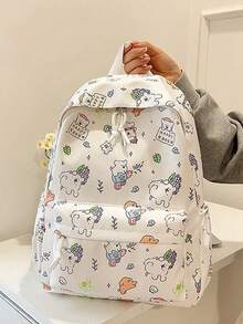1/5pcs Cute Cartoon Print Student Backpack, Pure Pink Floral Pattern, Lightweight Polyester Fabric, Casual Campus Style, All-Season Wear, Unisex Adult Size, Large Capacity, Suitable For Daily Commute, Travel And Back To School - Multiple Styles - View 5