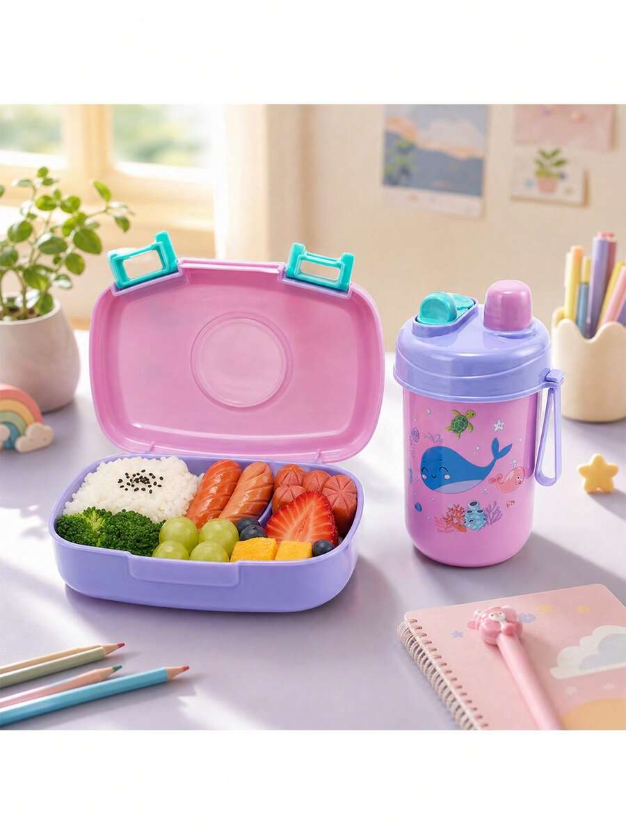 1 Set Bento Lunch Box With Water Bottle 3 Assorted Cartoon Patterns, Cute Dinosaur Astronaut Ocean Print Rectangular Transparent Window Leakproof Lock Clips Portable Handle Food Storage Container For Picnic Back To School Daily Use - Multicolor - View 1